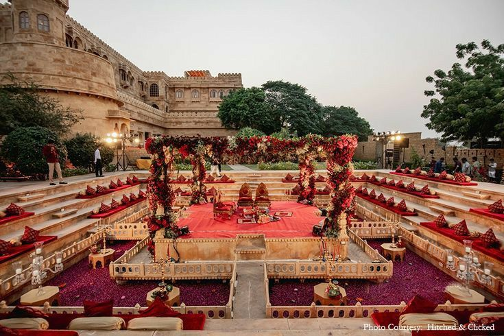 Authentic Rajasthani sunken stepwell mandap setup for a traditional royal Indian wedding