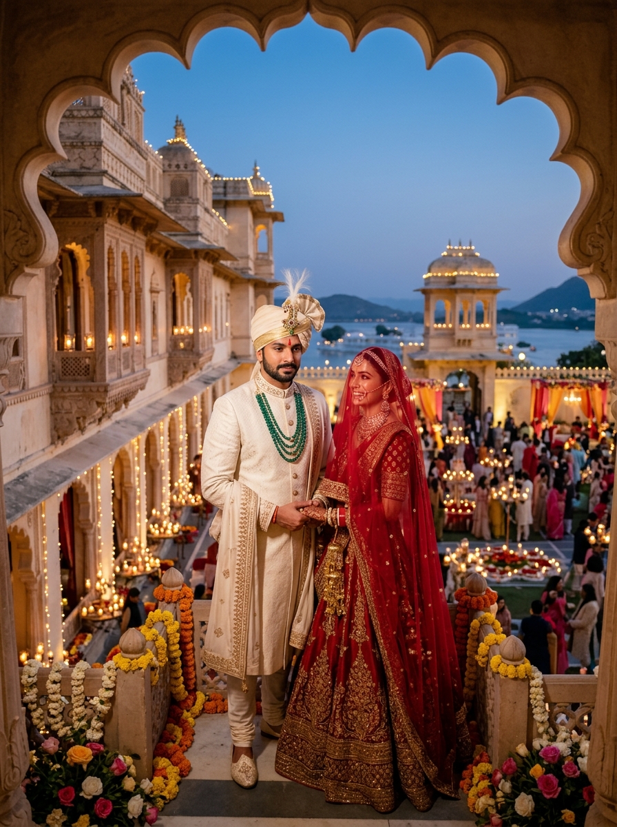 Royal Indian wedding ceremony with regal attire and architectural palace setting
